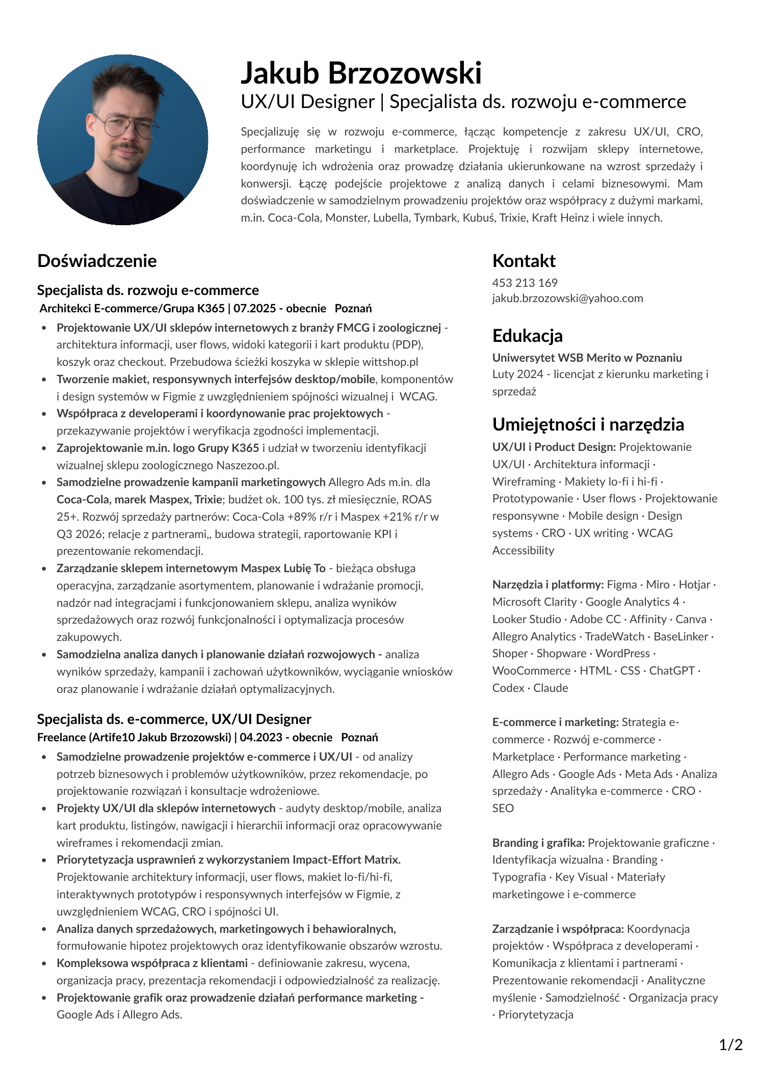 CV Jakuba Brzozowskiego, strona 1 z 2: profil, doświadczenie, edukacja i umiejętności