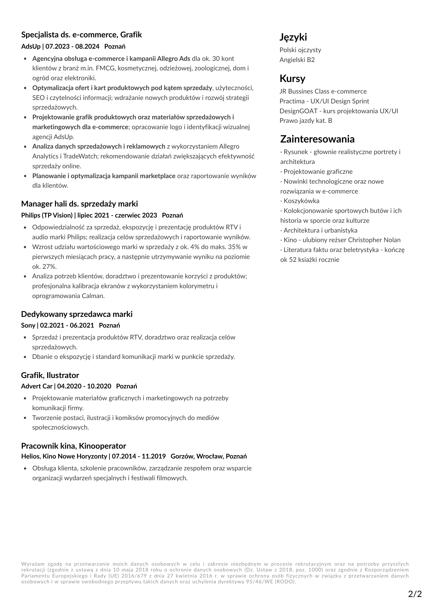 CV Jakuba Brzozowskiego, strona 2 z 2: doświadczenie, języki, kursy i zainteresowania